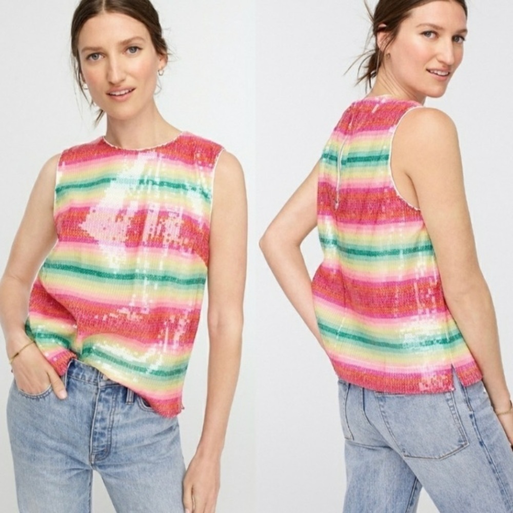 NWT J. Crew Sleeveless Sequin Tank Watermelon Stripes Sparkle Shine Size XS
